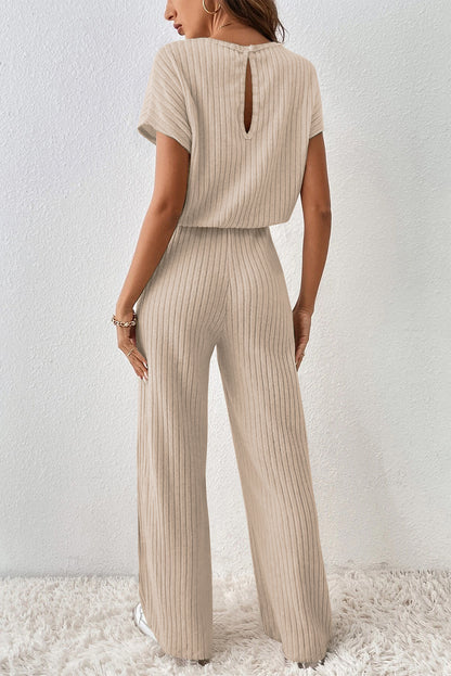 Parchment Ribbed Short Sleeve Wide Leg Jumpsuit.