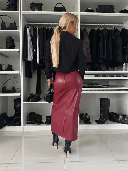 Sexy High Waist Split Leather Skirt