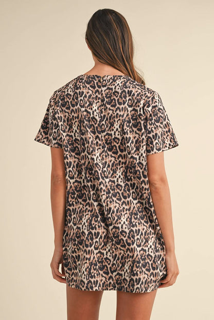 Brown Leopard Print Short Sleeve Pocket Mini Dress.