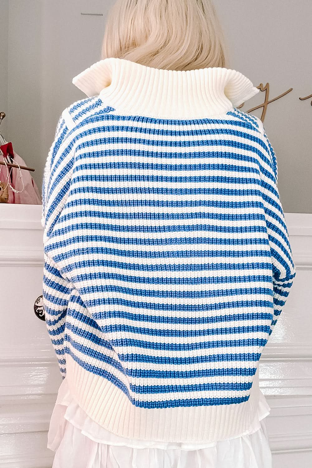 Black Stripe Zip Up Collar Drop Sleeve Sweater.