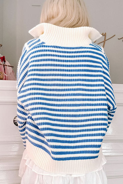 Black Stripe Zip Up Collar Drop Sleeve Sweater.