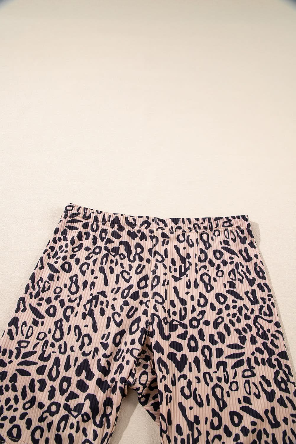 Khaki Leopard Print Ribbed Textured Knit Biker Shorts.