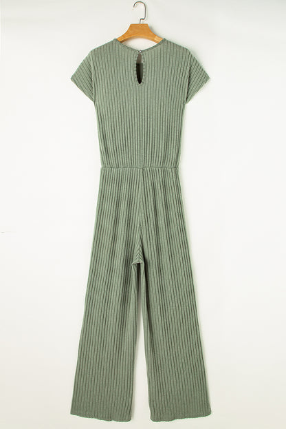 Parchment Ribbed Short Sleeve Wide Leg Jumpsuit