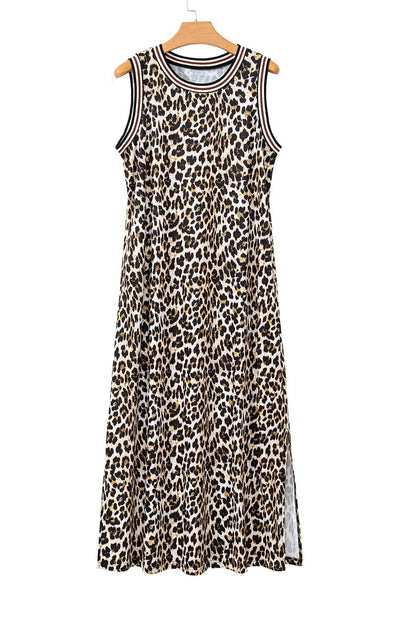 Black Contrast Striped Trim Leopard Sleeveless Midi Dress.