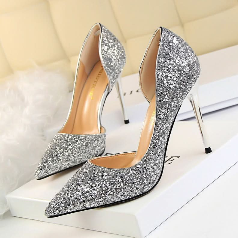 Skinny Women's Shoes Stiletto Heel Shallow Mouth Pointed Side Hollow-out Sequin.