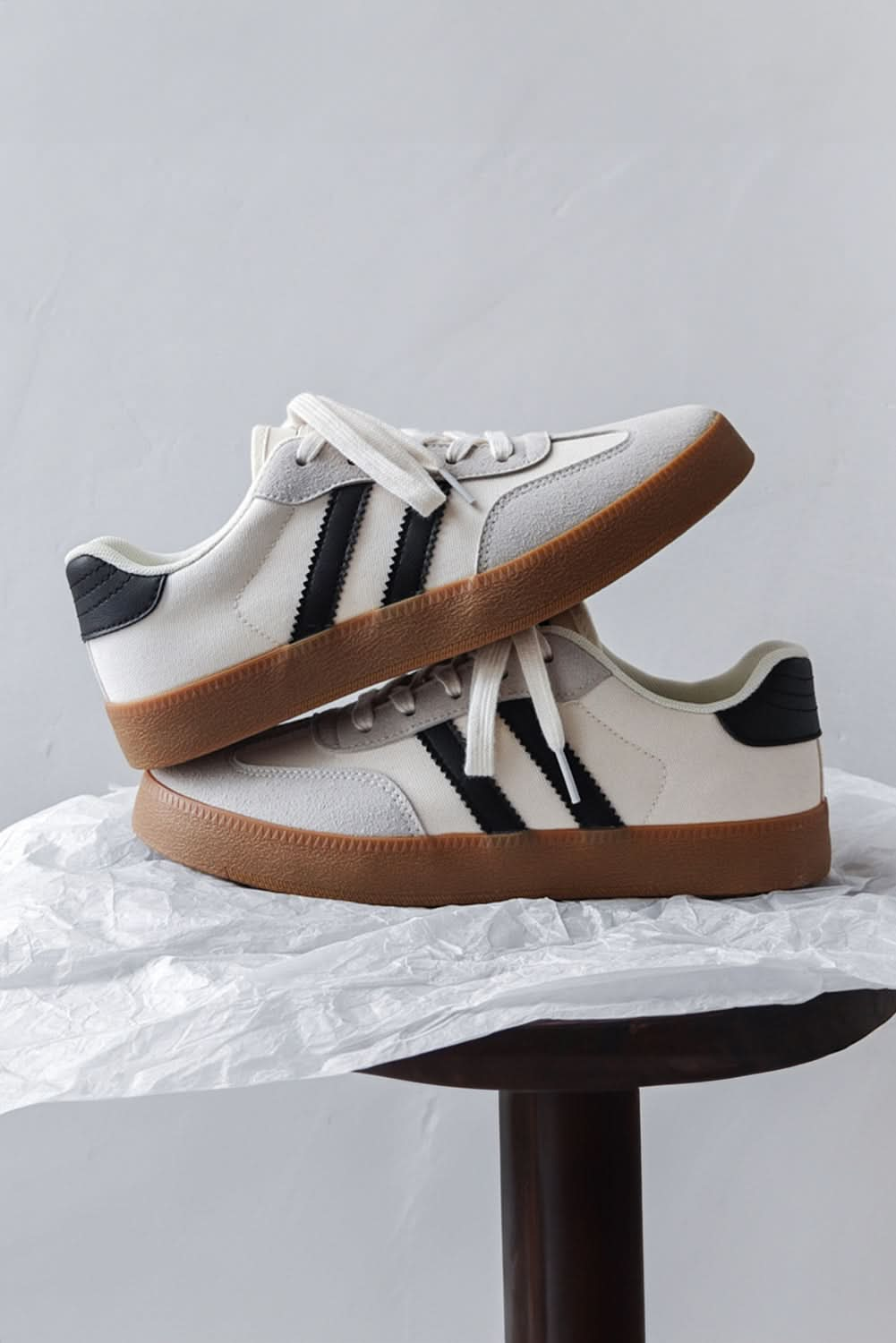 White Striped Lace Up Flat Sneakers.