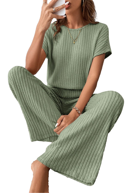 Parchment Ribbed Short Sleeve Wide Leg Jumpsuit