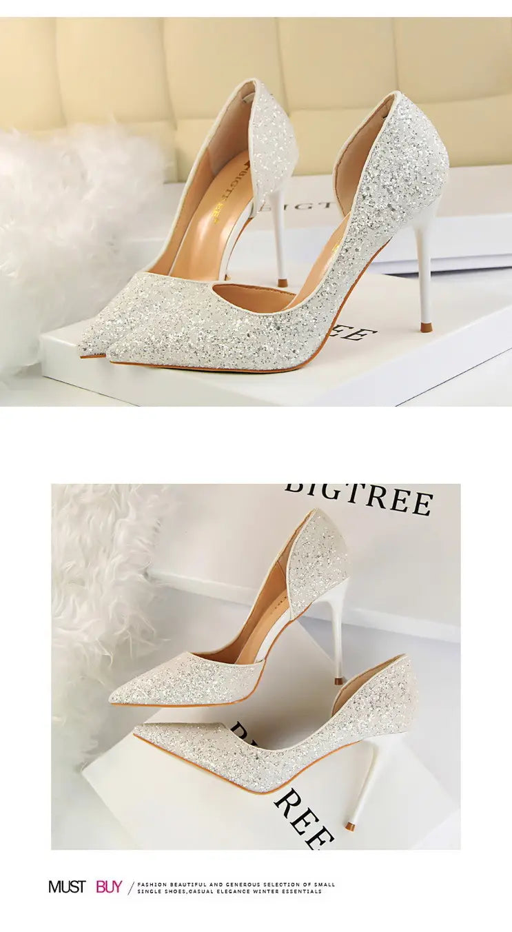 Skinny Women’s Shoes Stiletto Heel Shallow Mouth Pointed Side Hollow-out Sequin