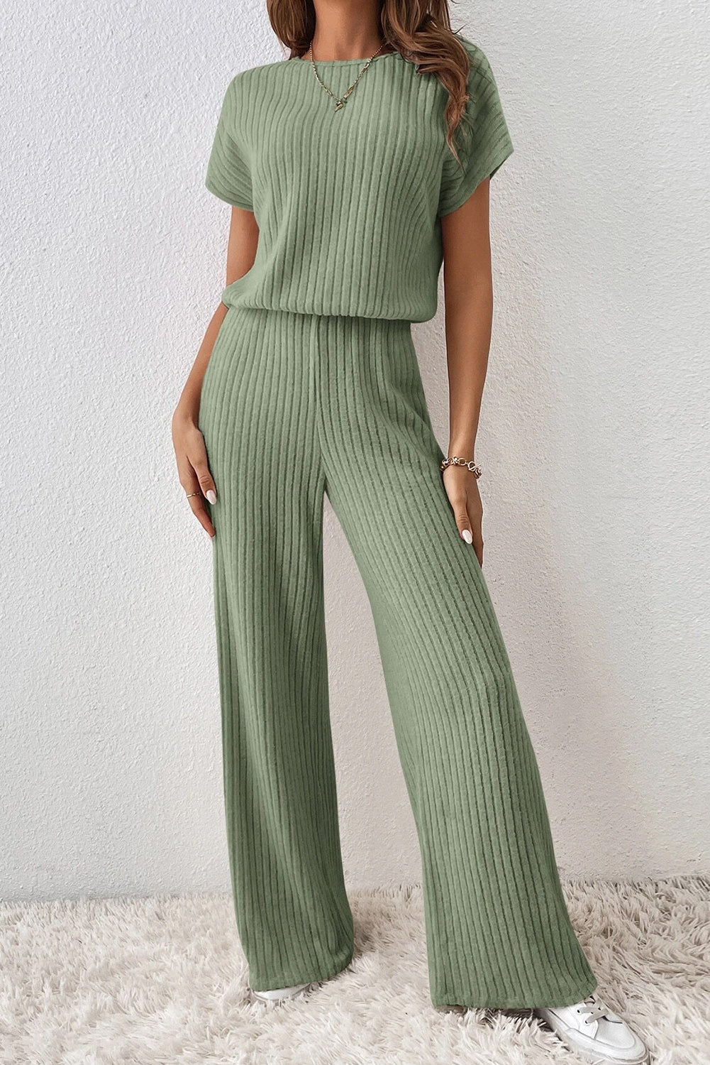 Parchment Ribbed Short Sleeve Wide Leg Jumpsuit.