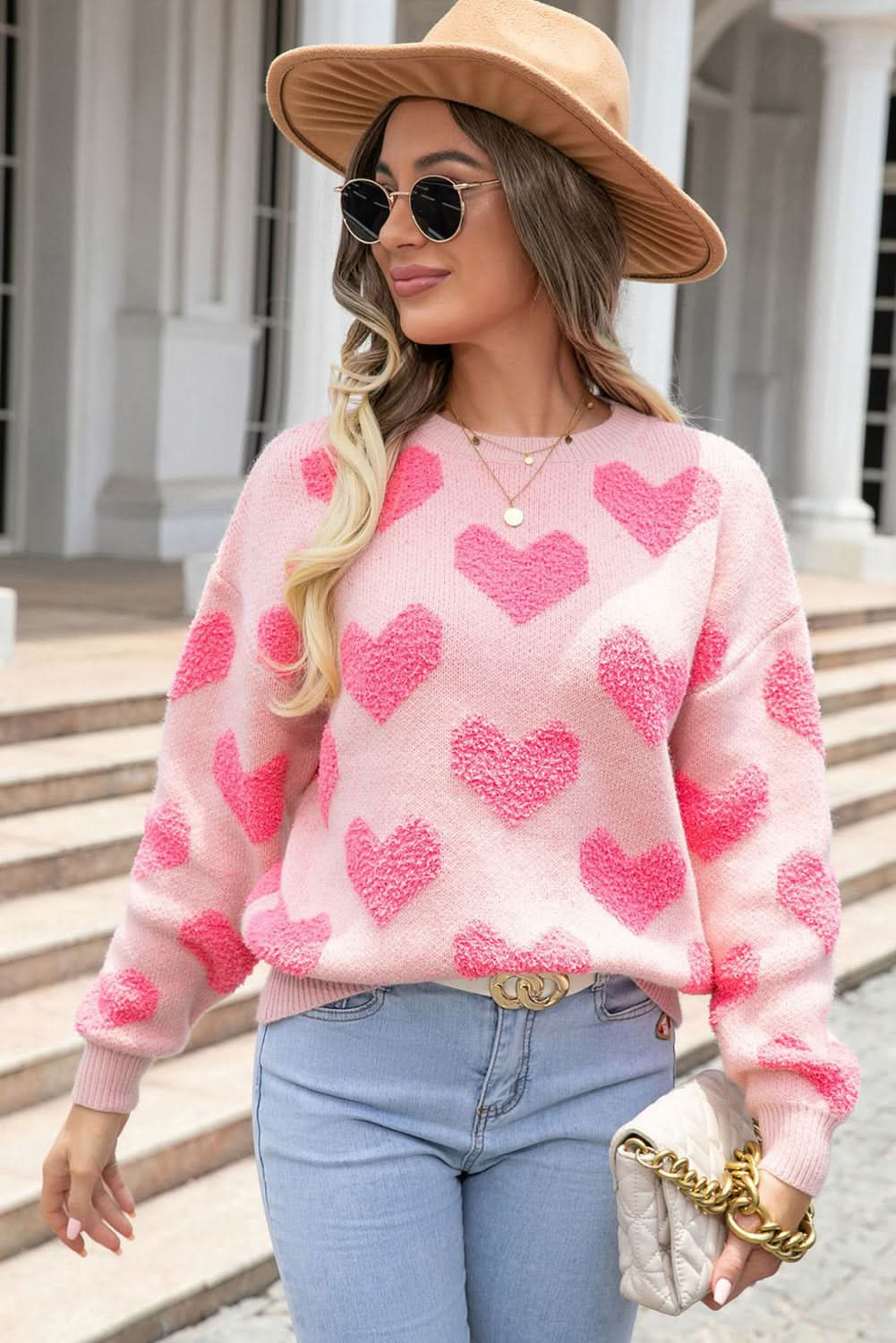 Light Pink Valentines Day Heart Jacquard Knit Sweater.