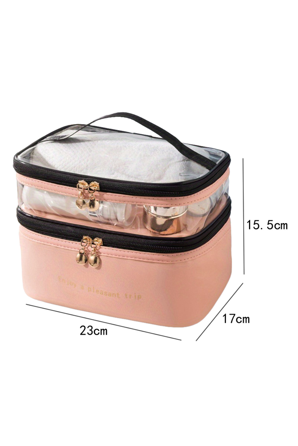 Beige Waterproof PVC Double Layer Cosmetic Bag.