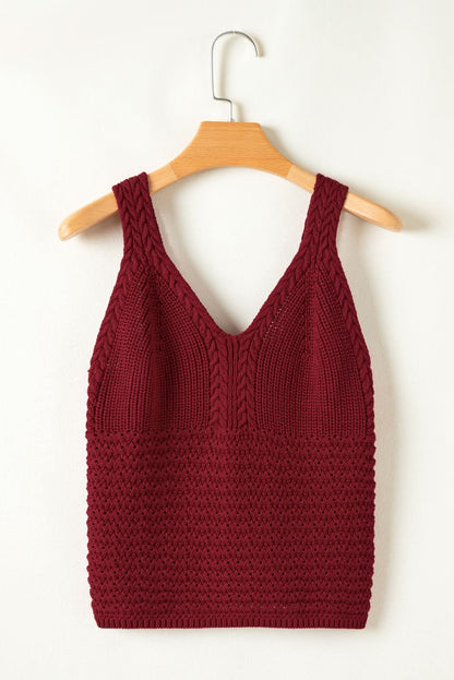 Burgundy Slim Fit V Neck Cable Knit Pointelle Camisole.