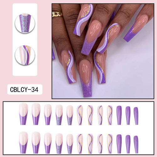 Purple Glitter Wearing Manicure French Geometric Lines Aurora Bright N