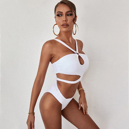 Women's summer new one piece swimsuit solid color hollow backless swim