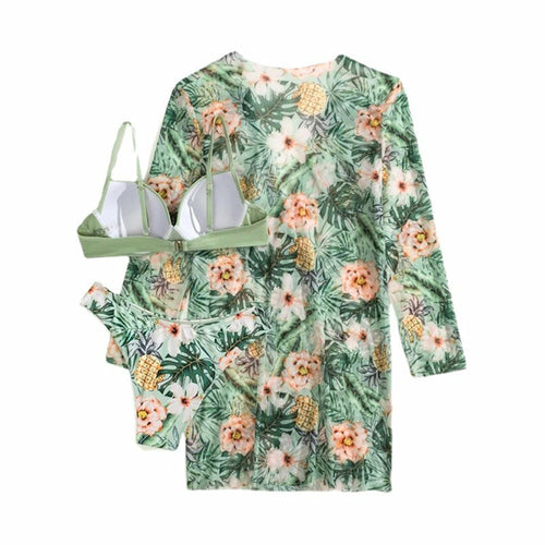 Bikini New Swimsuit Three-Piece Mesh Shawl Blouse Kimono Split Print B