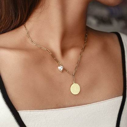 Disc Coin with Love-shaped Pearl Pendant Necklace