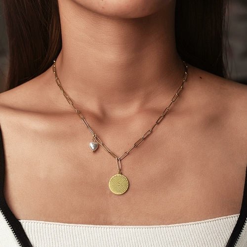 Disc Coin with Love-shaped Pearl Pendant Necklace