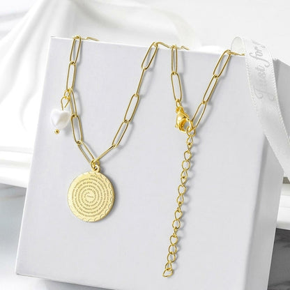 Disc Coin with Love-shaped Pearl Pendant Necklace