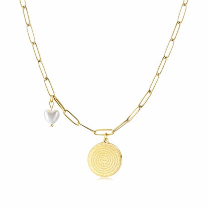 Disc Coin with Love-shaped Pearl Pendant Necklace