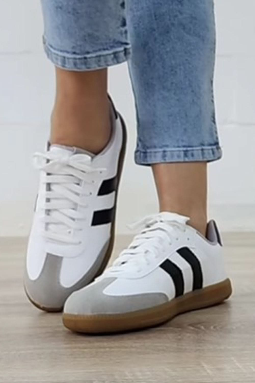 White Striped Lace Up Flat Sneakers.