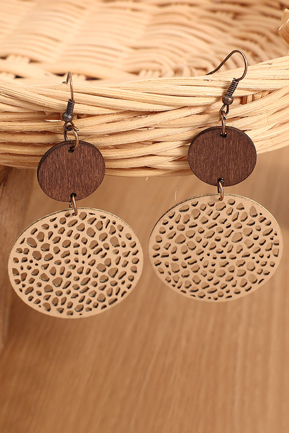 Khaki Hollow Out Wooden Chip Round Drop Earrings