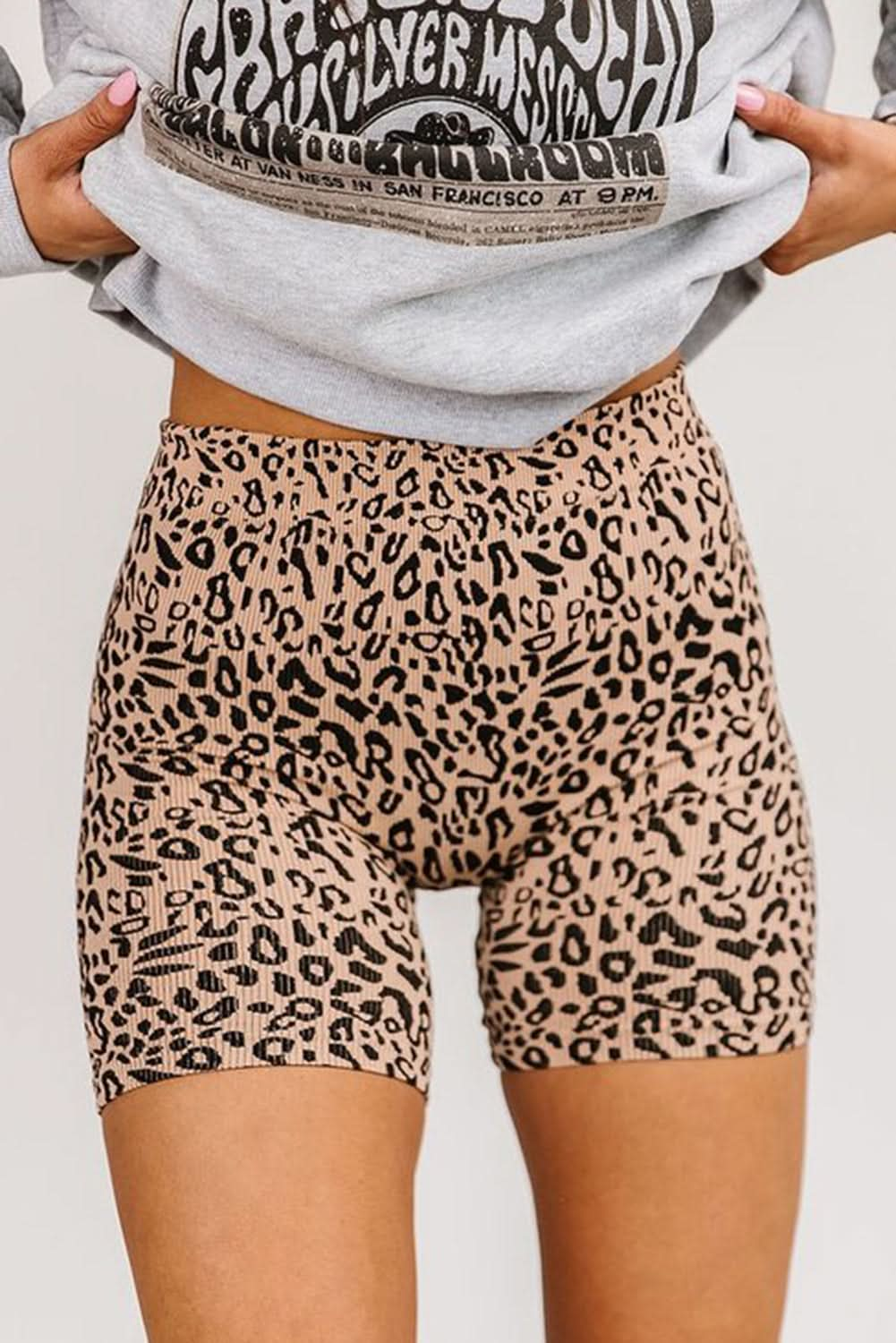 Khaki Leopard Print Ribbed Textured Knit Biker Shorts.