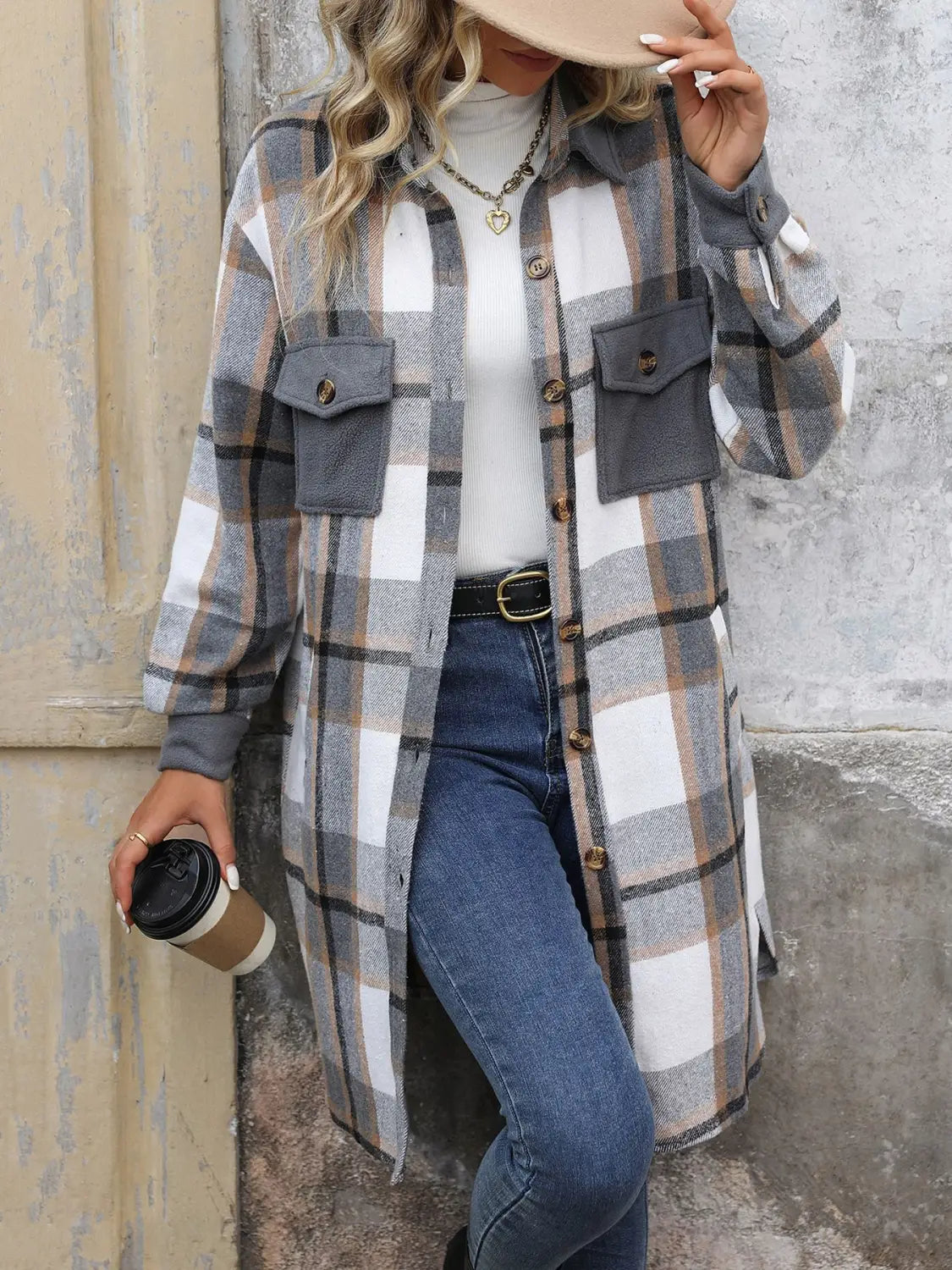 New Brushed Plaid Long Coat With Pockets Fashion Winter Jacket