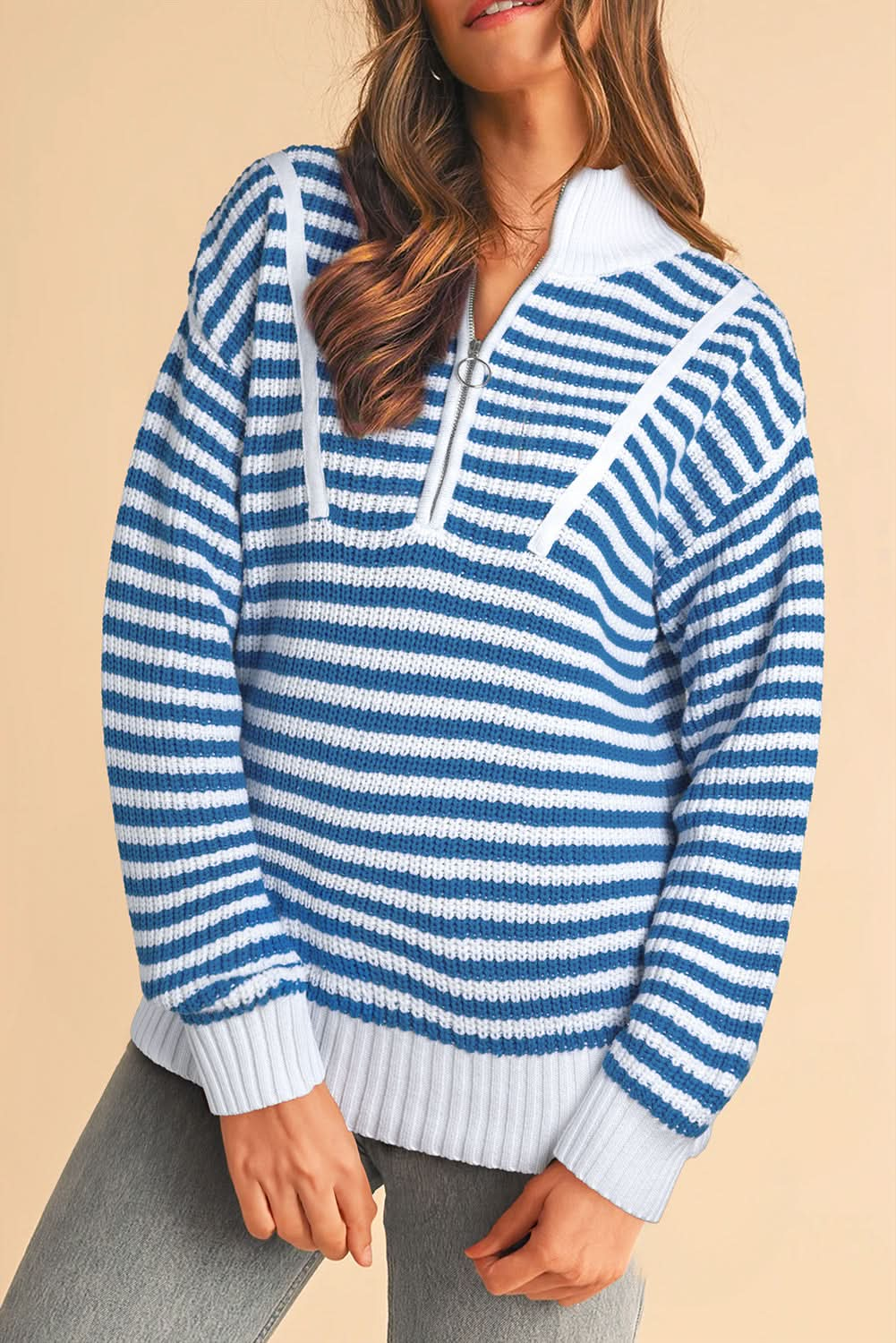 Black Stripe Zip Up Collar Drop Sleeve Sweater.