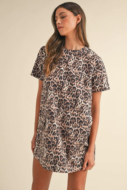 Brown Leopard Print Short Sleeve Pocket Mini Dress.