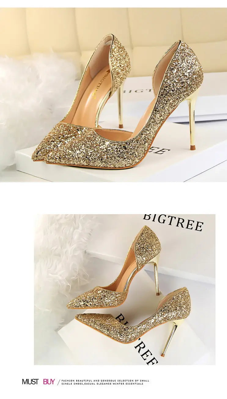 Skinny Women’s Shoes Stiletto Heel Shallow Mouth Pointed Side Hollow-out Sequin