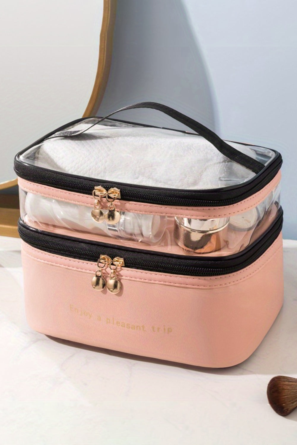 Beige Waterproof PVC Double Layer Cosmetic Bag.