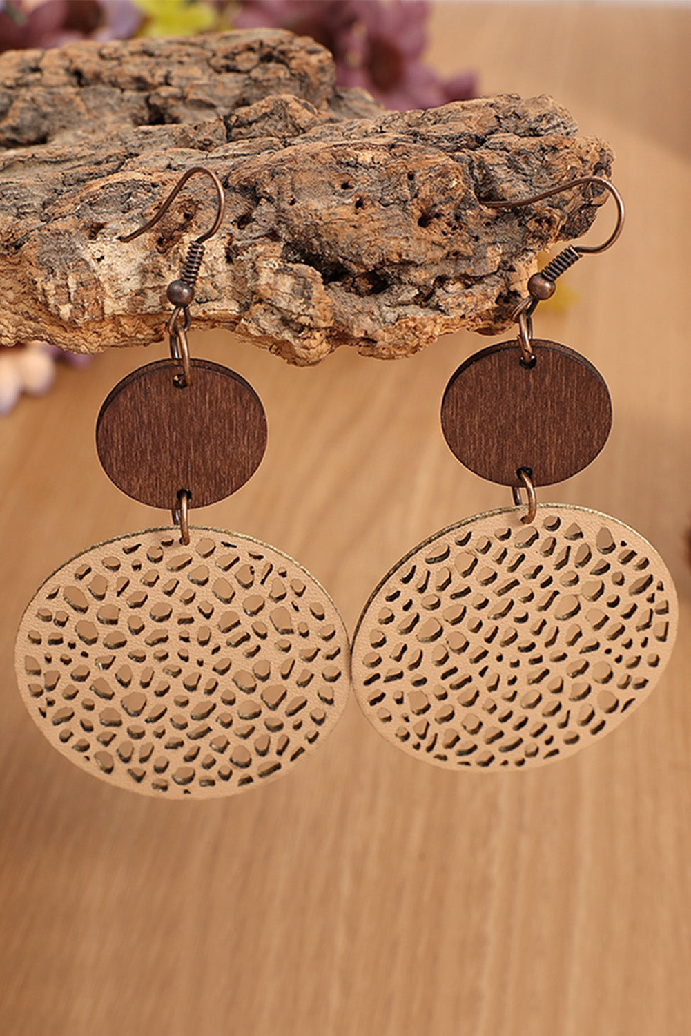 Khaki Hollow Out Wooden Chip Round Drop Earrings