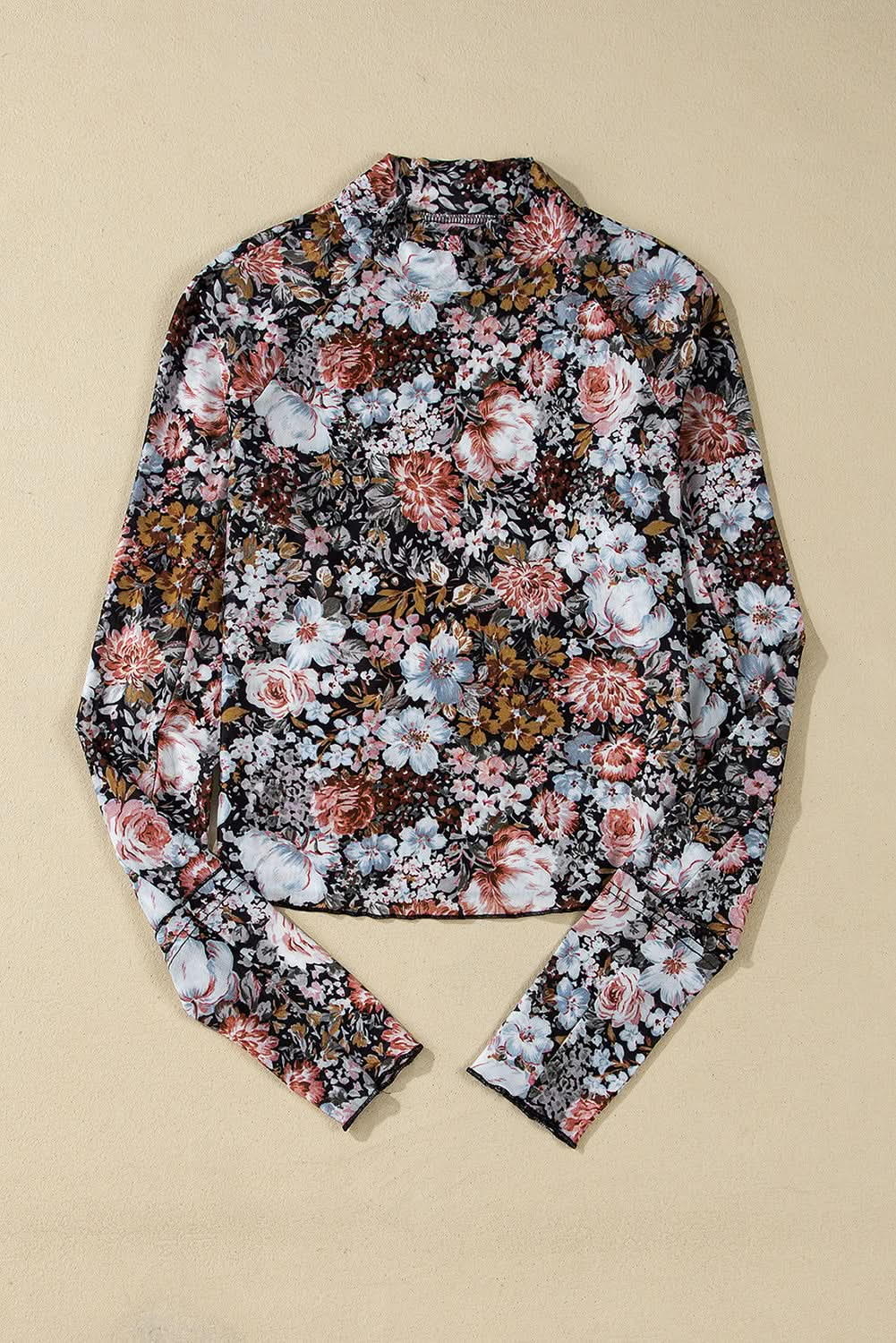 Brown Floral Print Mesh Mock Neck Slim Top.