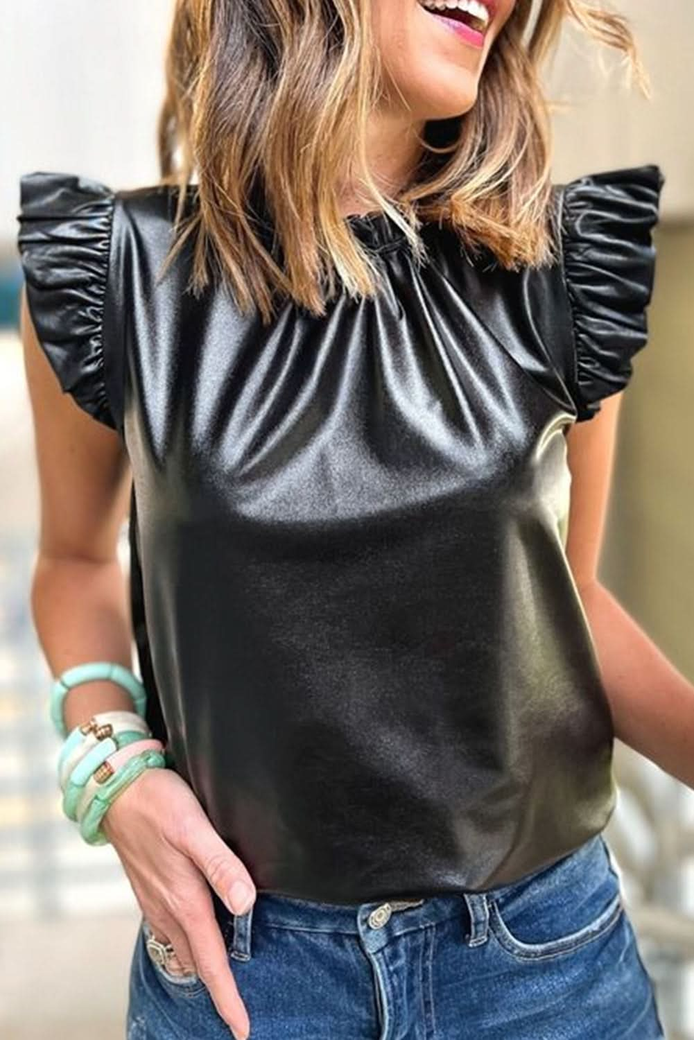 Black Solid Color Leather Frill Neck Ruffle Blouse.