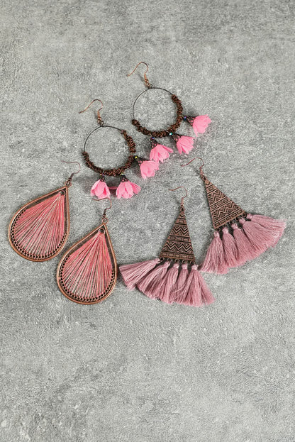 3 Pairs Boho Floral Tasseled Geometric Dangle Earrings Set.