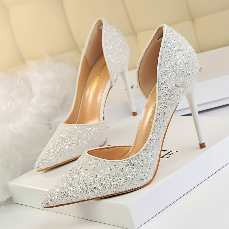 Skinny Women's Shoes Stiletto Heel Shallow Mouth Pointed Side Hollow-out Sequin.