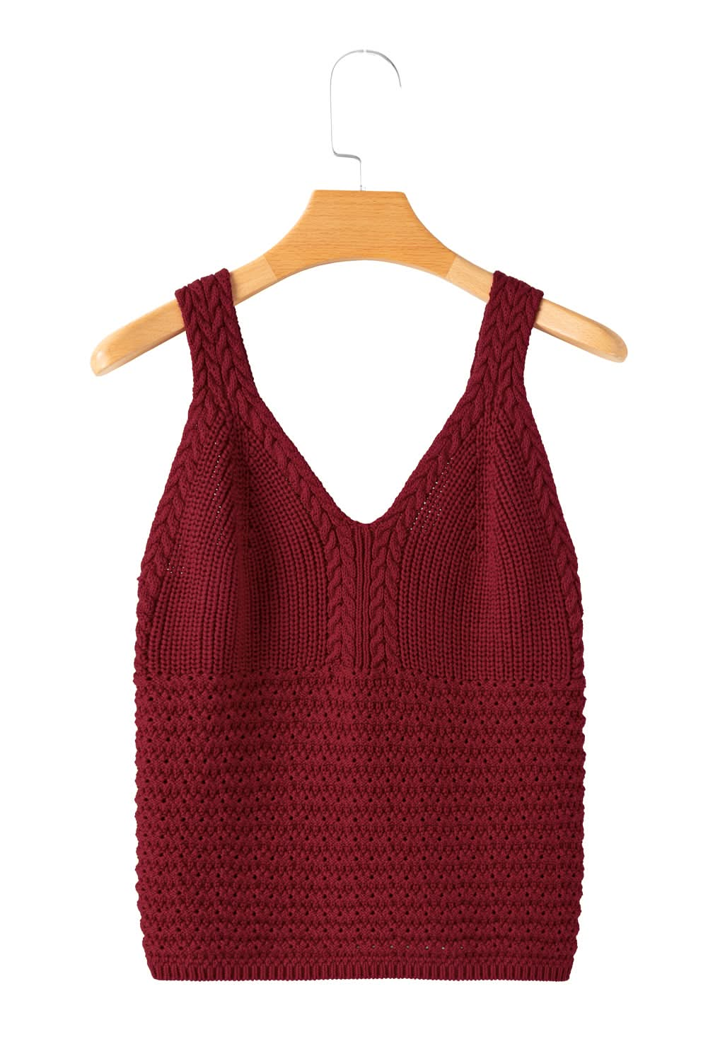 Burgundy Slim Fit V Neck Cable Knit Pointelle Camisole.