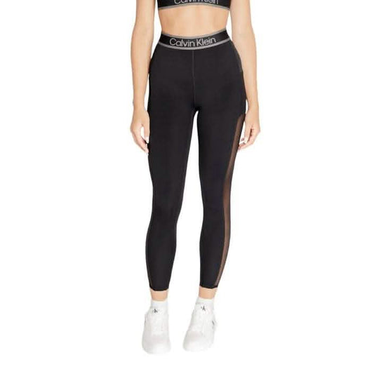 Black Calvin Klein athletic leggings with mesh side panels and an elastic logo waistband.