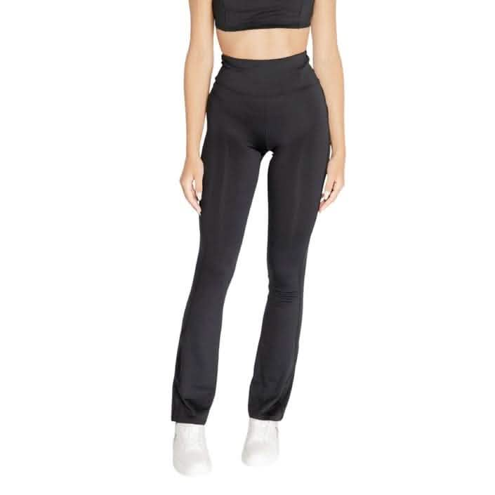 Black high-waisted yoga pants with flared legs.