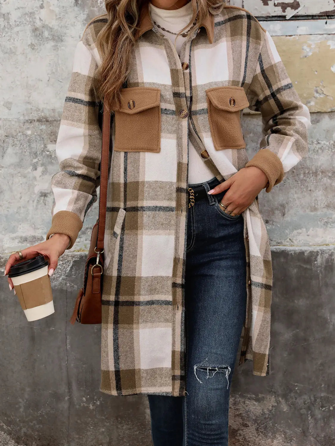 New Brushed Plaid Long Coat With Pockets Fashion Winter Jacket