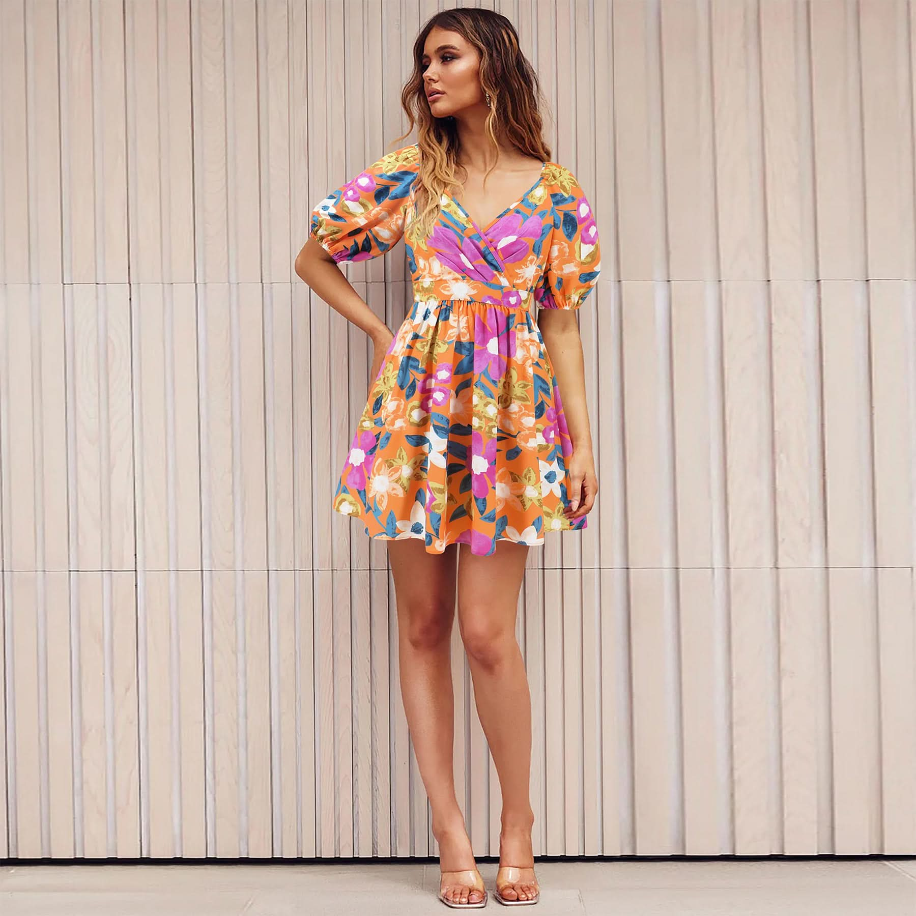 Flowers Print V-Neck Lantern-sleeve Dress.