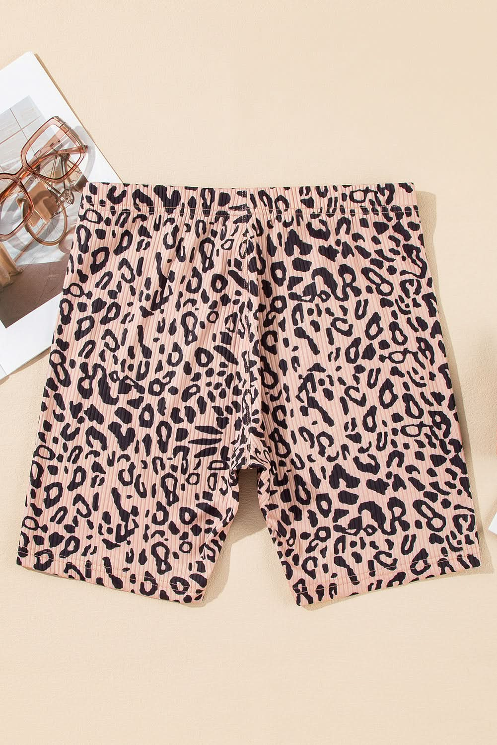 Khaki Leopard Print Ribbed Textured Knit Biker Shorts.