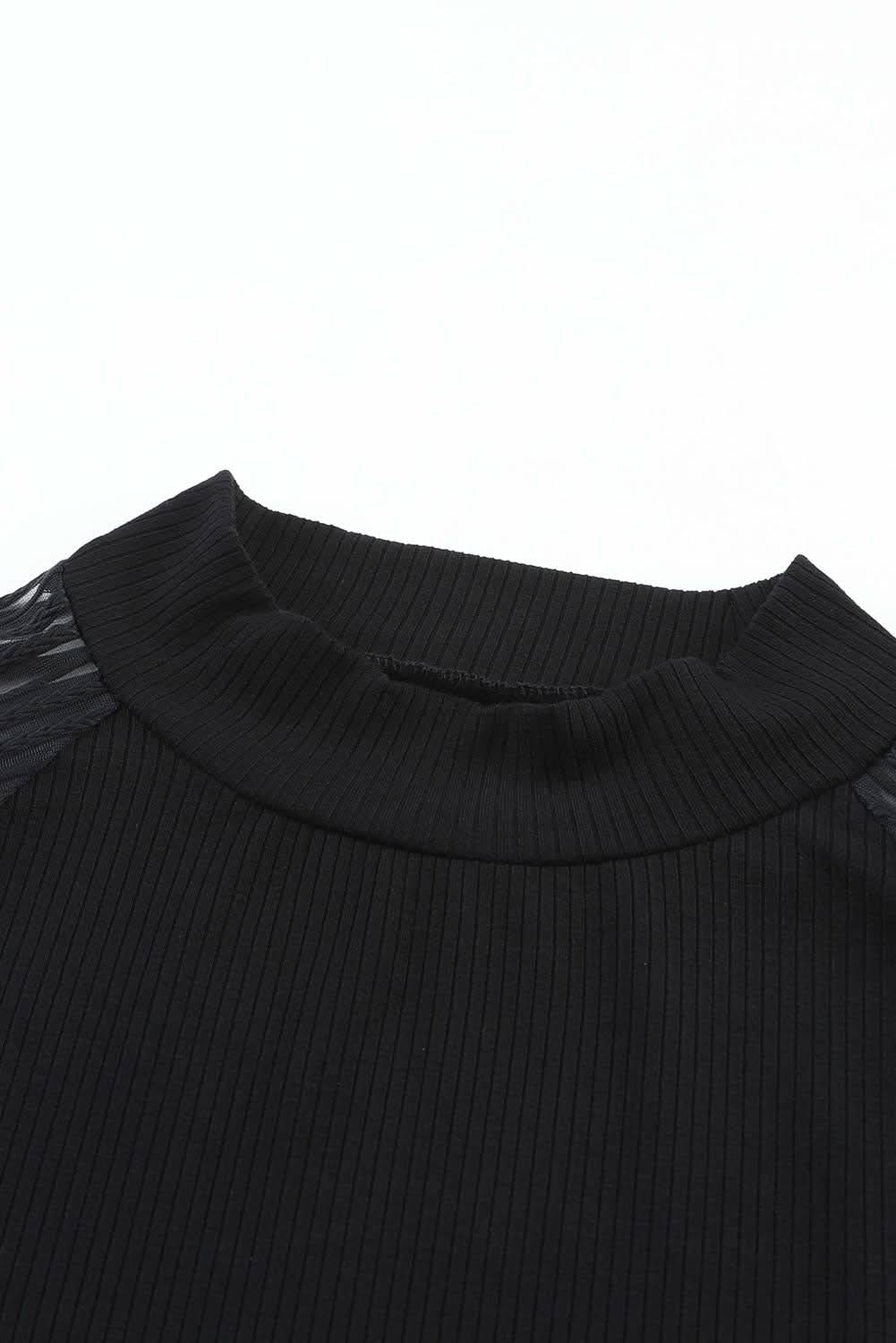 Black Basic Crew Neck Dressy Striped Mesh Long Sleeve Top.