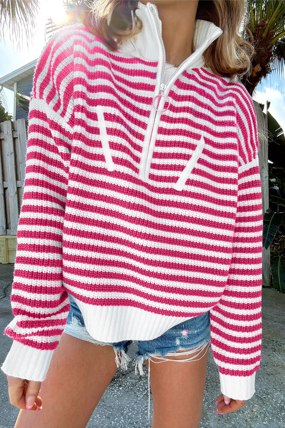 Black Stripe Zip-Up Collar Drop Sweater for Casual Elegance