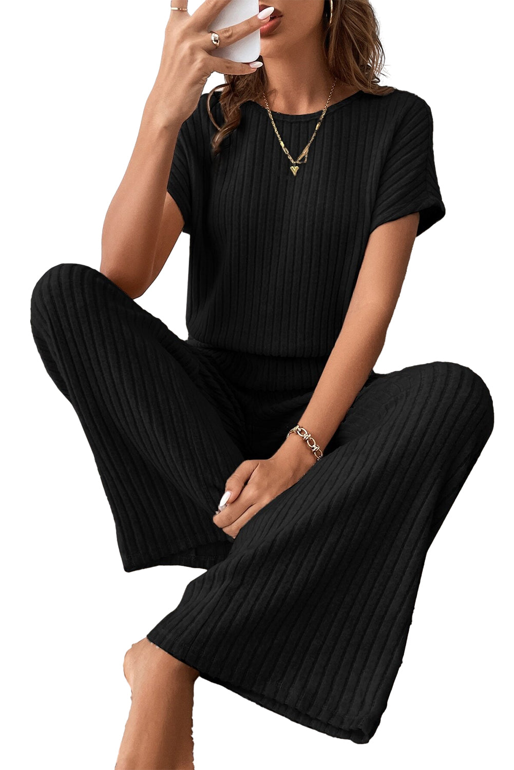 Parchment Ribbed Short Sleeve Wide Leg Jumpsuit