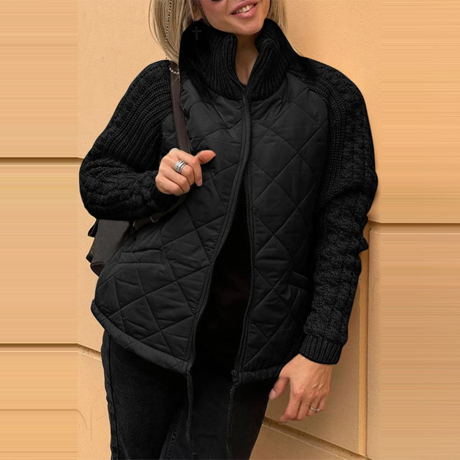 Stand Collar Cotton Jacket With Pockets Fashion Knitted Stitching Zipper