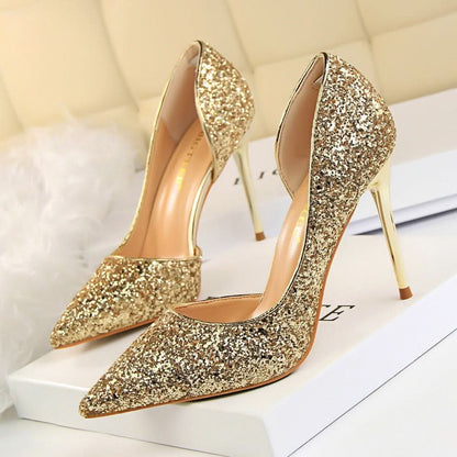 Skinny Women's Shoes Stiletto Heel Shallow Mouth Pointed Side Hollow-out Sequin.