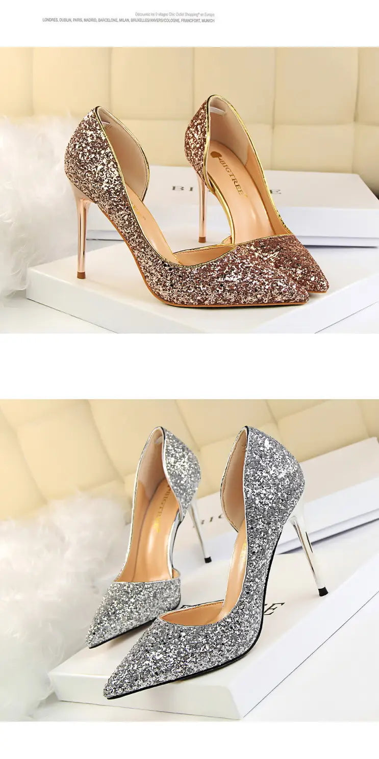 Skinny Women’s Shoes Stiletto Heel Shallow Mouth Pointed Side Hollow-out Sequin