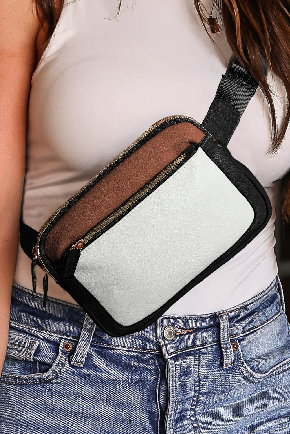 White Color Block Crossbody Bag.