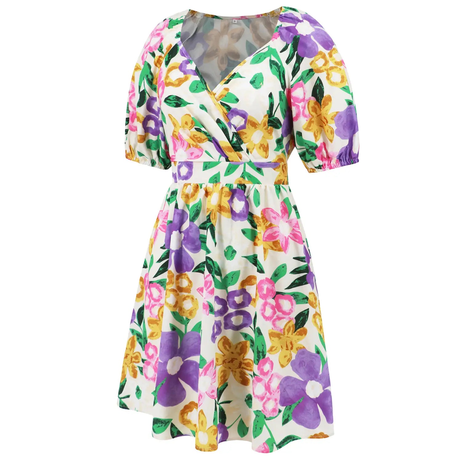 Flowers Print V-Neck Lantern-sleeve Dress